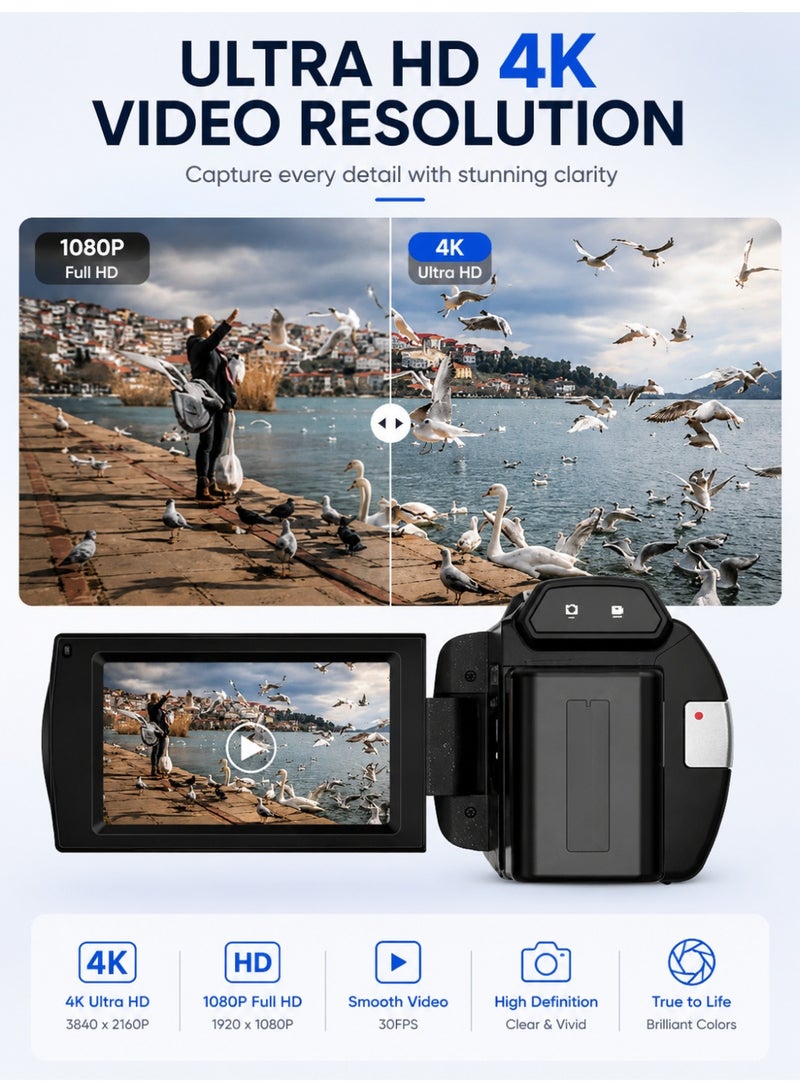 Gasin 4K Video Camera 48MP YouTube Vlog Camera 16x Digital Zoom Webcam 3.0 Inch 360 Degree Rotating Screen Camera with 32G SD Card - Image 5