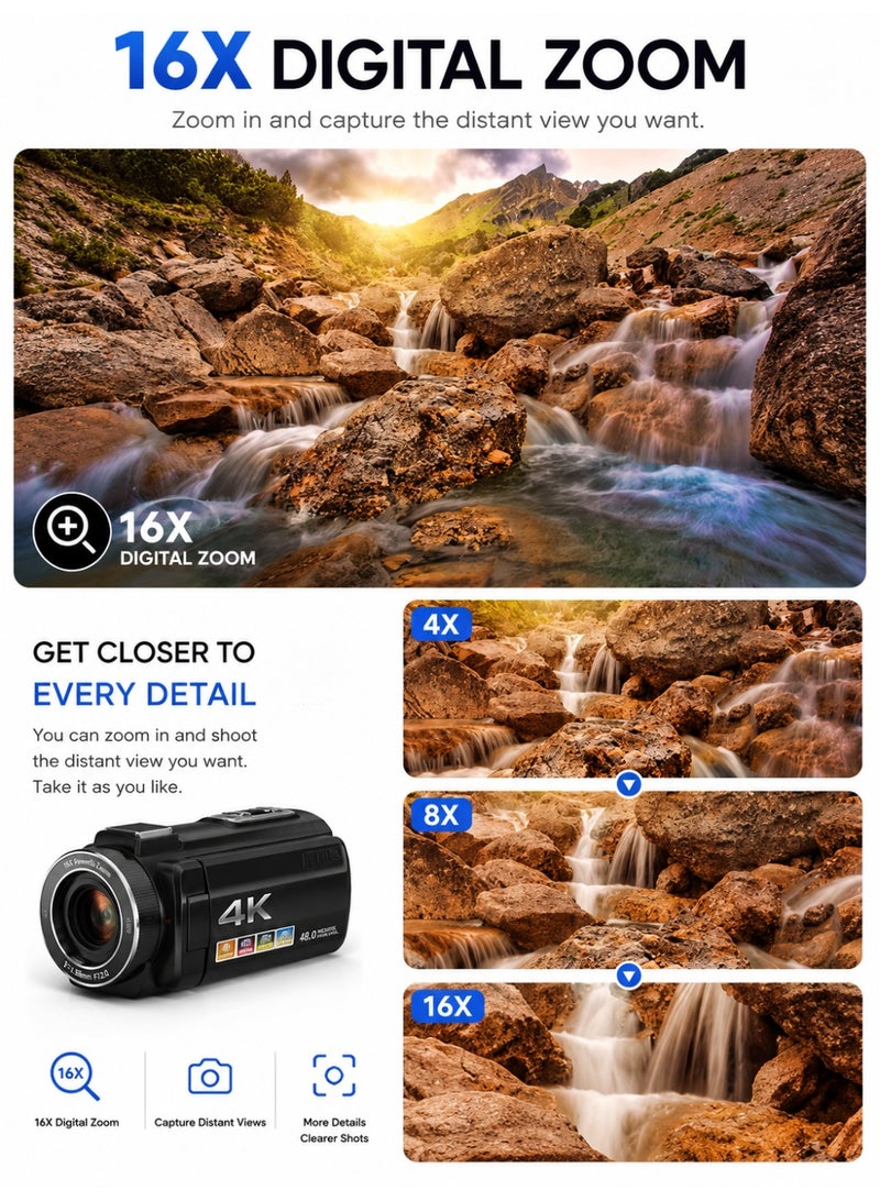 Gasin 4K Video Camera 48MP YouTube Vlog Camera 16x Digital Zoom Webcam 3.0 Inch 360 Degree Rotating Screen Camera with 32G SD Card - Image 4