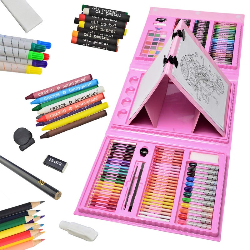 Sunnyglade Sunnyglade 185 Pieces Double Sided Trifold Easel Art Set Drawing Art Box with Oil Pastels Crayons Colored Pencils Markers Paint Brush Watercolor Cakes Sketch Pad Pink 