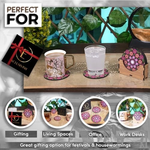 Exclusivish Floral Mandala Wooden Coaster Set of 6 with Holder & Box – Dining Table Accessories | Indian Handicraft | Diwali Gifts for Family and Friends - Image 4