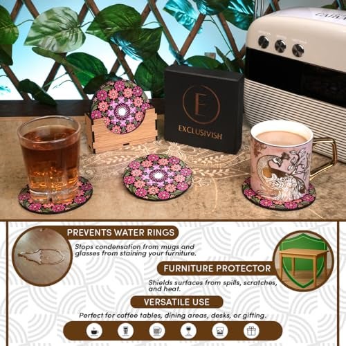 Exclusivish Floral Mandala Wooden Coaster Set of 6 with Holder & Box – Dining Table Accessories | Indian Handicraft | Diwali Gifts for Family and Friends - Image 5