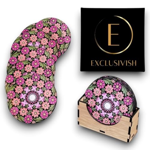 Exclusivish Floral Mandala Wooden Coaster Set of 6 with Holder & Box – Dining Table Accessories | Indian Handicraft | Diwali Gifts for Family and Friends - Image 1