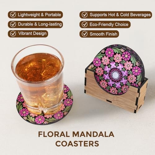 Exclusivish Floral Mandala Wooden Coaster Set of 6 with Holder & Box – Dining Table Accessories | Indian Handicraft | Diwali Gifts for Family and Friends - Image 3