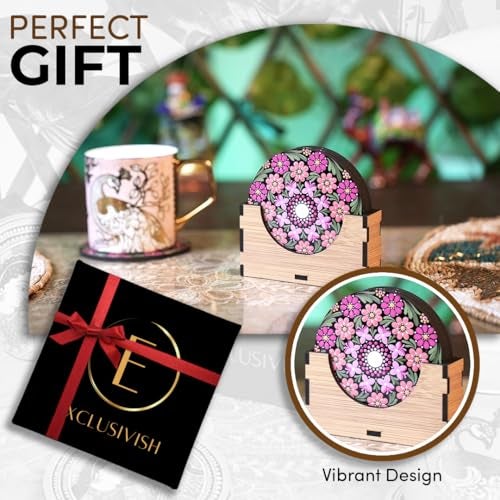 Exclusivish Floral Mandala Wooden Coaster Set of 6 with Holder & Box – Dining Table Accessories | Indian Handicraft | Diwali Gifts for Family and Friends - Image 2