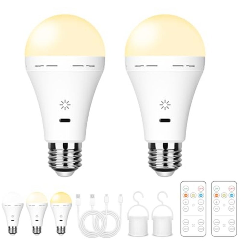 USB Rechargeable Light Bulb With Remote Control, 3 Color Temperature LED Dimmable Battery Powered Light Bulbs, E27 7W Touch Control Bulb With Timer, Emergency Light Bulb With Hook, 2600mah - Image 1
