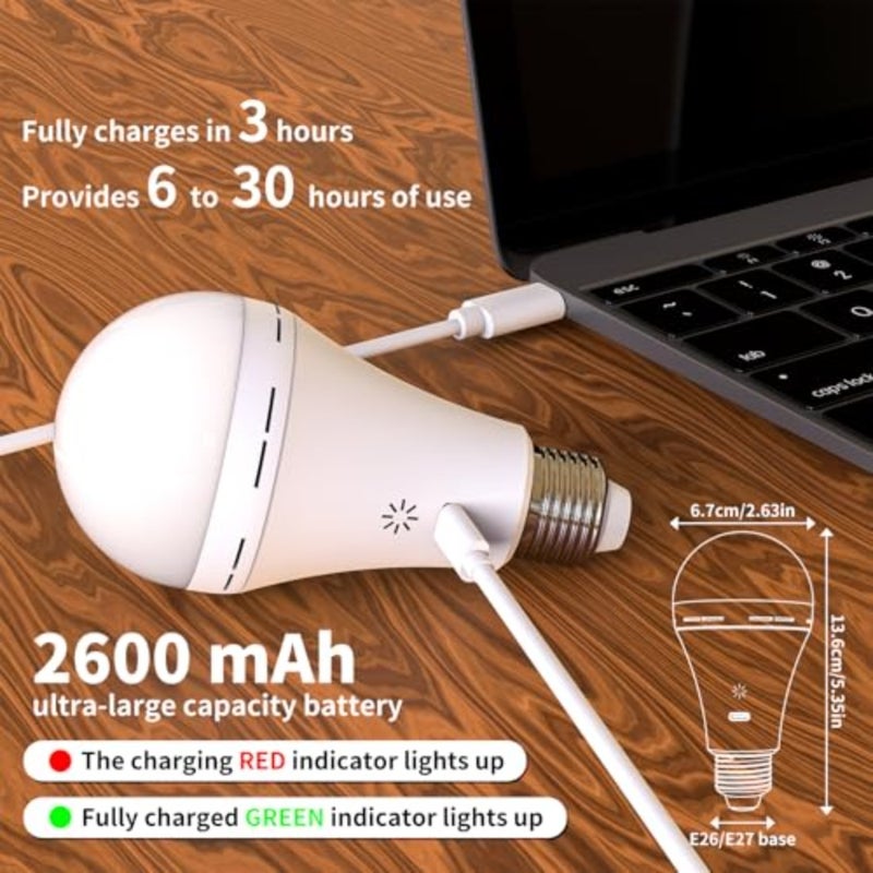 USB Rechargeable Light Bulb With Remote Control, 3 Color Temperature LED Dimmable Battery Powered Light Bulbs, E27 7W Touch Control Bulb With Timer, Emergency Light Bulb With Hook, 2600mah - Image 2