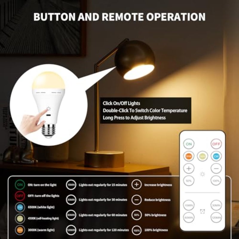 USB Rechargeable Light Bulb With Remote Control, 3 Color Temperature LED Dimmable Battery Powered Light Bulbs, E27 7W Touch Control Bulb With Timer, Emergency Light Bulb With Hook, 2600mah - Image 4