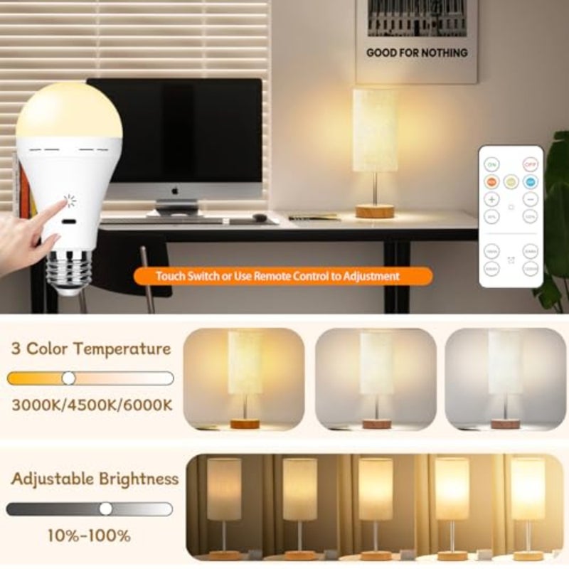 USB Rechargeable Light Bulb With Remote Control, 3 Color Temperature LED Dimmable Battery Powered Light Bulbs, E27 7W Touch Control Bulb With Timer, Emergency Light Bulb With Hook, 2600mah - Image 3