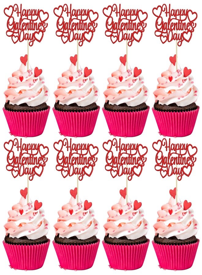 Ephlyn 24Pcs Happy Galentine's Day Cupcake Toppers Red Glitter Sweet Love Valentine Cupcake Picks for Valentine's Day Theme Birthday Party Cake Decorations Supplies - Image 1