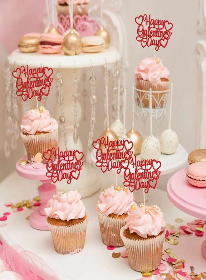 Ephlyn 24Pcs Happy Galentine's Day Cupcake Toppers Red Glitter Sweet Love Valentine Cupcake Picks for Valentine's Day Theme Birthday Party Cake Decorations Supplies - Image 5
