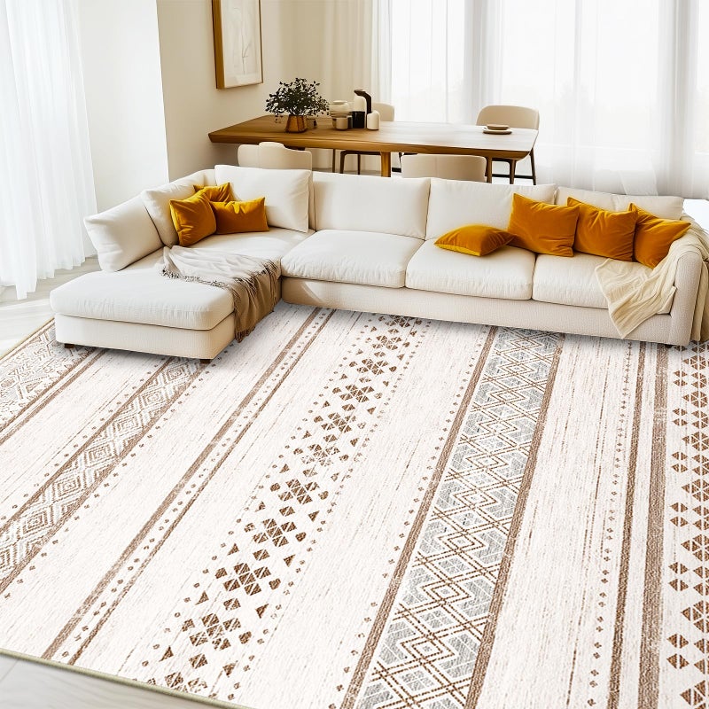 BESTSWEETIE 8x10 Area Rugs for Living Room Washable Moroccan Farmhouse Neutral Geometric Low Pile Non-Slip Soft Print Pattern Rug for Bedroom Kitchen Dining Room Entryway Cream/Brown/Pink - Image 1