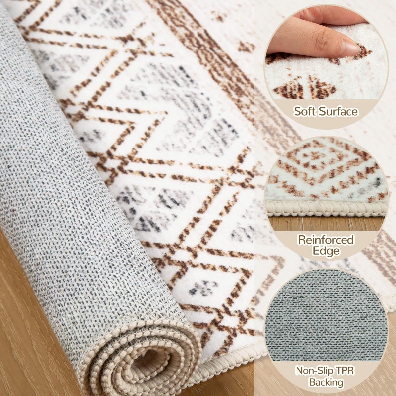 BESTSWEETIE 8x10 Area Rugs for Living Room Washable Moroccan Farmhouse Neutral Geometric Low Pile Non-Slip Soft Print Pattern Rug for Bedroom Kitchen Dining Room Entryway Cream/Brown/Pink - Image 3