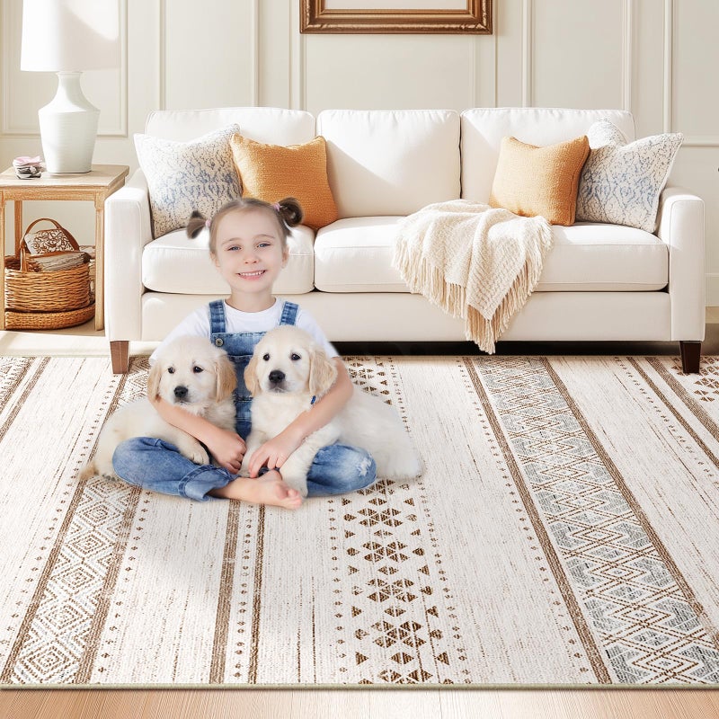 BESTSWEETIE 8x10 Area Rugs for Living Room Washable Moroccan Farmhouse Neutral Geometric Low Pile Non-Slip Soft Print Pattern Rug for Bedroom Kitchen Dining Room Entryway Cream/Brown/Pink - Image 2