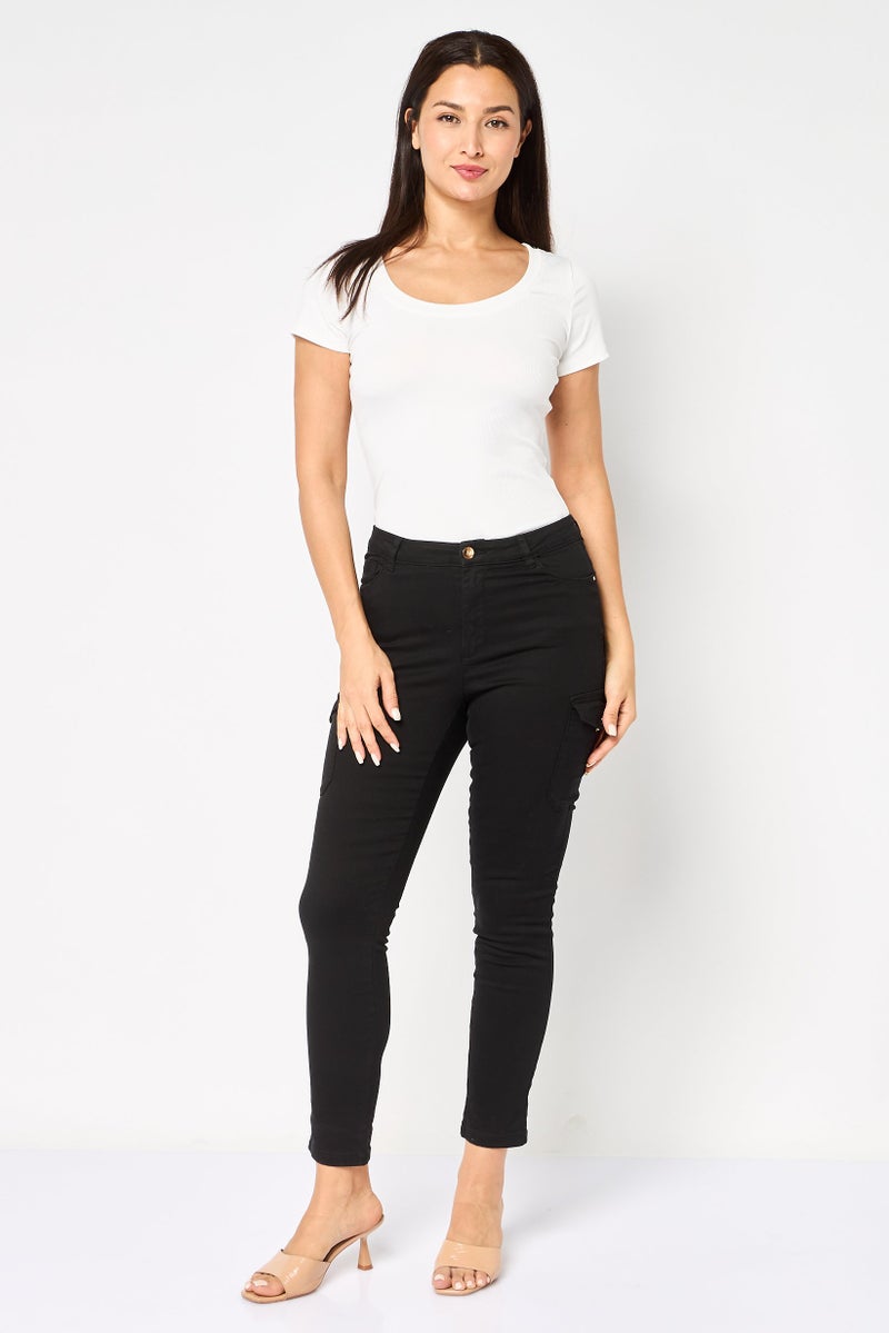 Mohito Women Regular Fit Solid Stretchable Cargo Jeans, Black - Image 3