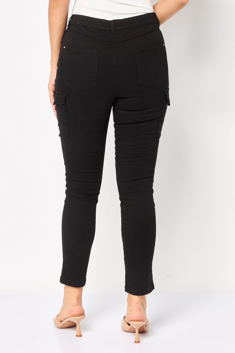 Mohito Women Regular Fit Solid Stretchable Cargo Jeans, Black - Image 2