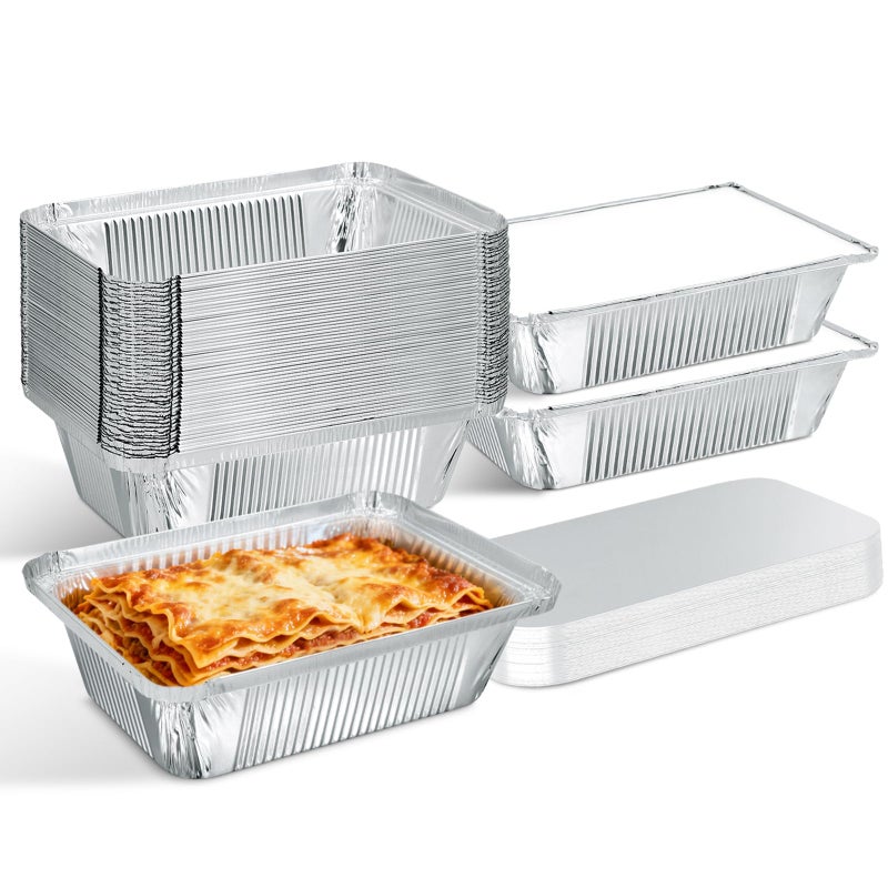 Lideropa Small Aluminum Pans with Lids (50-Pack, 8.5"Ã—6") â€“ 2.25LB Tin Foil Pans with Lids, Disposable Aluminum Food Containers with Lids for Take-out, Meal Prep, Food Storage & To-Go - Image 1