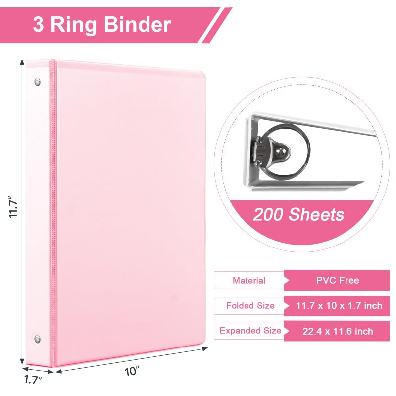 SUIN 1-inch 3 Ring Binder with 2 Interior Pockets, 1''Durable Binders Holds US Letter Size 8.5'' x 11'' Paper - Versatile Binders for Office, Home, and School Use, 6 Pack Pastel Pink - Image 2