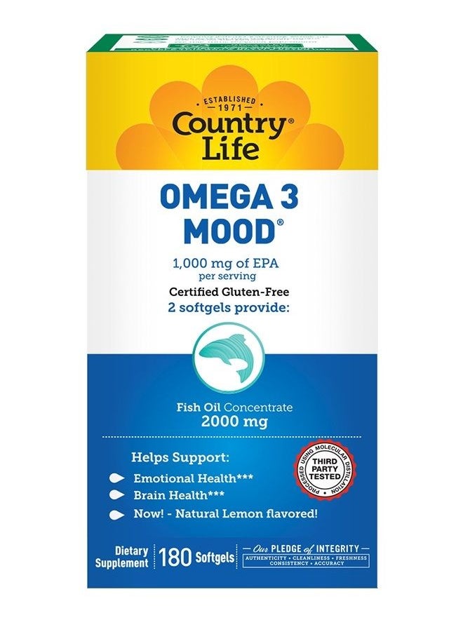 Country Life - Omega 3 Mood, 2000mg Fish Oil with EPA & DHA, 180 Softgels, Certified Gluten Free - Image 1