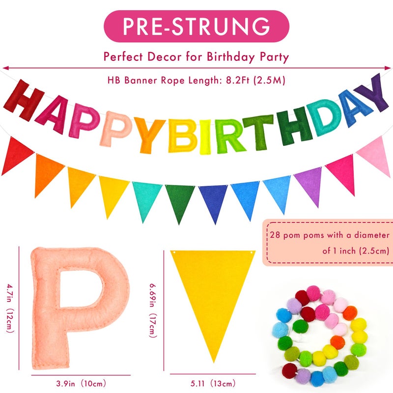 CANREVEL Pre-Strung 3D Rainbow Happy Birthday Banner, 3 PCS Happy Birthday Felt Sign, Pom Pom Garland, Triangle Fabric Bunting, Colorful Reusable Birthday Decorations for Women Men Girls Boys, Multi - Image 2