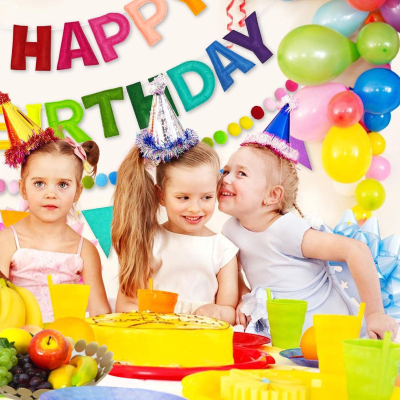 CANREVEL Pre-Strung 3D Rainbow Happy Birthday Banner, 3 PCS Happy Birthday Felt Sign, Pom Pom Garland, Triangle Fabric Bunting, Colorful Reusable Birthday Decorations for Women Men Girls Boys, Multi - Image 5
