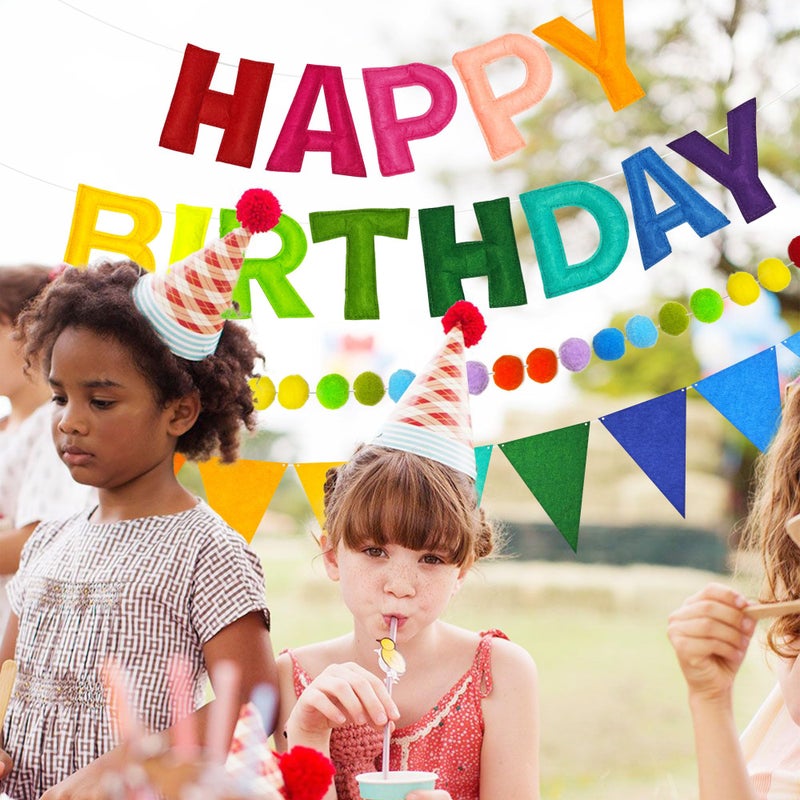CANREVEL Pre-Strung 3D Rainbow Happy Birthday Banner, 3 PCS Happy Birthday Felt Sign, Pom Pom Garland, Triangle Fabric Bunting, Colorful Reusable Birthday Decorations for Women Men Girls Boys, Multi - Image 4