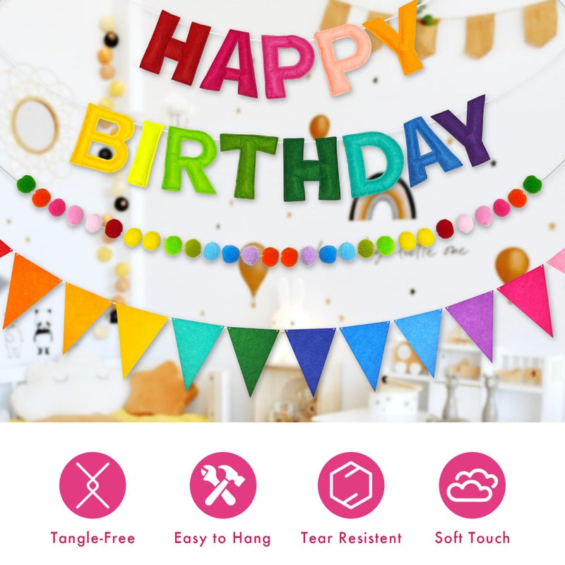 CANREVEL Pre-Strung 3D Rainbow Happy Birthday Banner, 3 PCS Happy Birthday Felt Sign, Pom Pom Garland, Triangle Fabric Bunting, Colorful Reusable Birthday Decorations for Women Men Girls Boys, Multi - Image 3