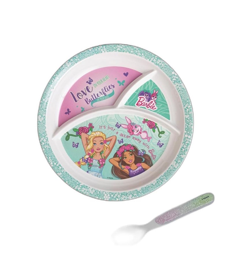 Superware Melamine Kids Partition Plate Barbie Butterfly Design Set of Two Durable Non Toxic Feeding Dinnerware with Spoon for Toddlers Children - Image 1