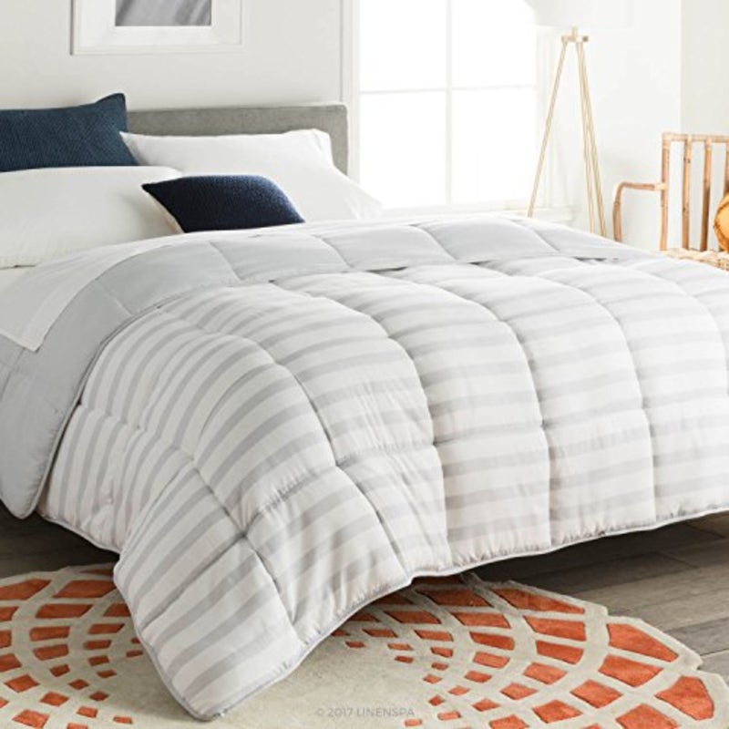 Reversible Down Alternative Comforter and Duvet Insert - All-Season Comforter - Box Stitched Comforter - Bedding for,Teens, and Adults Grey/White Stripe - Oversized Queen - Image 1