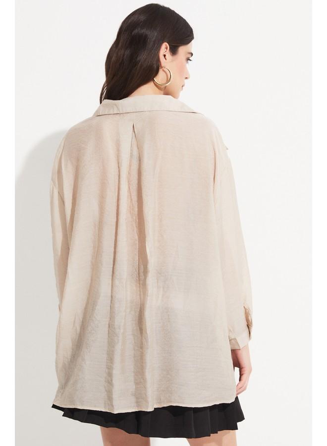 جون قميص نسائي من الفيسكوز بجيوب وتفاصيل منسوجة - لون حجري - Image 4