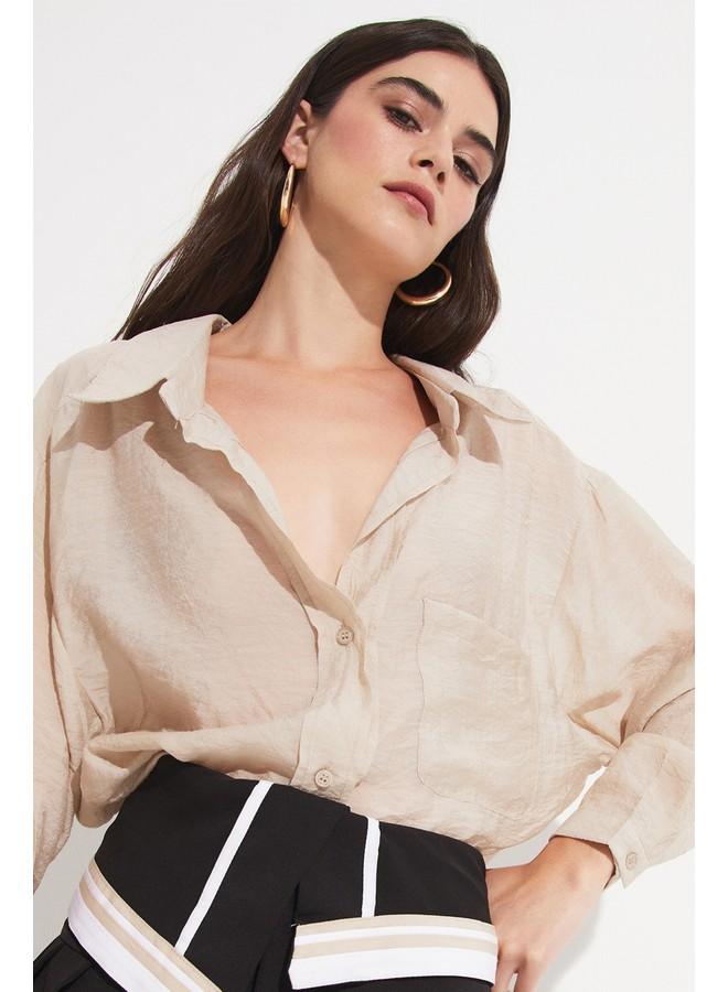 جون قميص نسائي من الفيسكوز بجيوب وتفاصيل منسوجة - لون حجري - Image 2