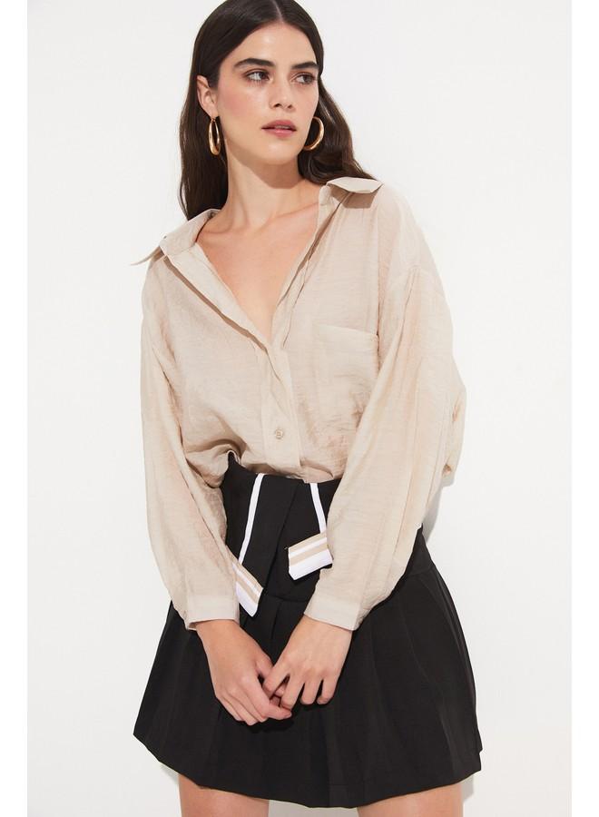 جون قميص نسائي من الفيسكوز بجيوب وتفاصيل منسوجة - لون حجري - Image 3