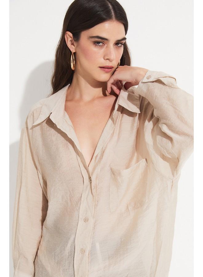 جون قميص نسائي من الفيسكوز بجيوب وتفاصيل منسوجة - لون حجري - Image 1