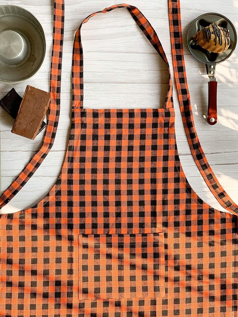 PIXEL HOME Cotton Apron for Men and Women - Orange Black Check - Image 1