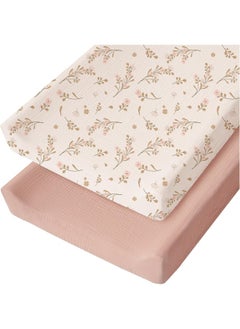 Konssy Konssy Muslin Changing Pad Cover for Baby Girls Boys, 100% Cotton Fitted Diaper Chang Table Covers, Soft Breathable Changing Pad Sheets, 2 Pack (Floral, Pink)  - Image 1