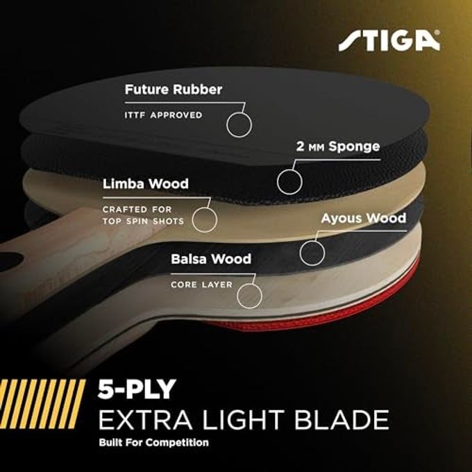 Stiga Alpha Ping Pong Paddle  5-Ply Extra Light Blade  2Mm Premium Sponge  Flared Handle For Masterful Grip  Performance Table Tennis Racket For Competitive Play - Image 3