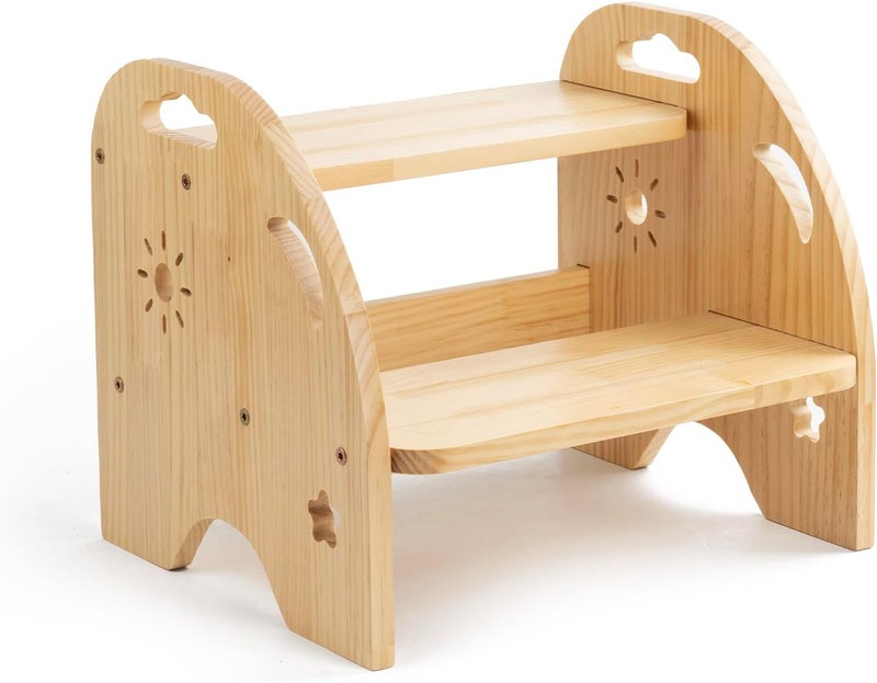 AtMini Children's Wooden Step Stool 2 Steps - Non-Slip Children's Stool with Handle - 200 kg Load Capacity for Kitchen & Bathroom from 3 Years - Image 1