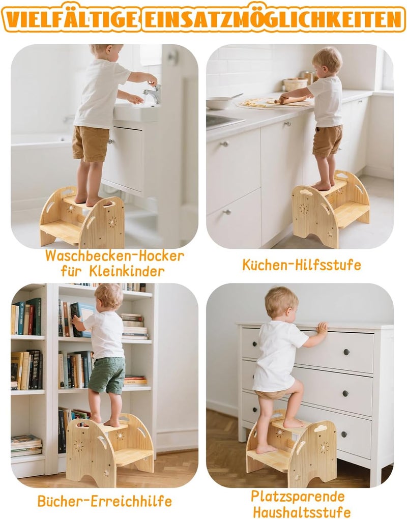 AtMini Children's Wooden Step Stool 2 Steps - Non-Slip Children's Stool with Handle - 200 kg Load Capacity for Kitchen & Bathroom from 3 Years - Image 5