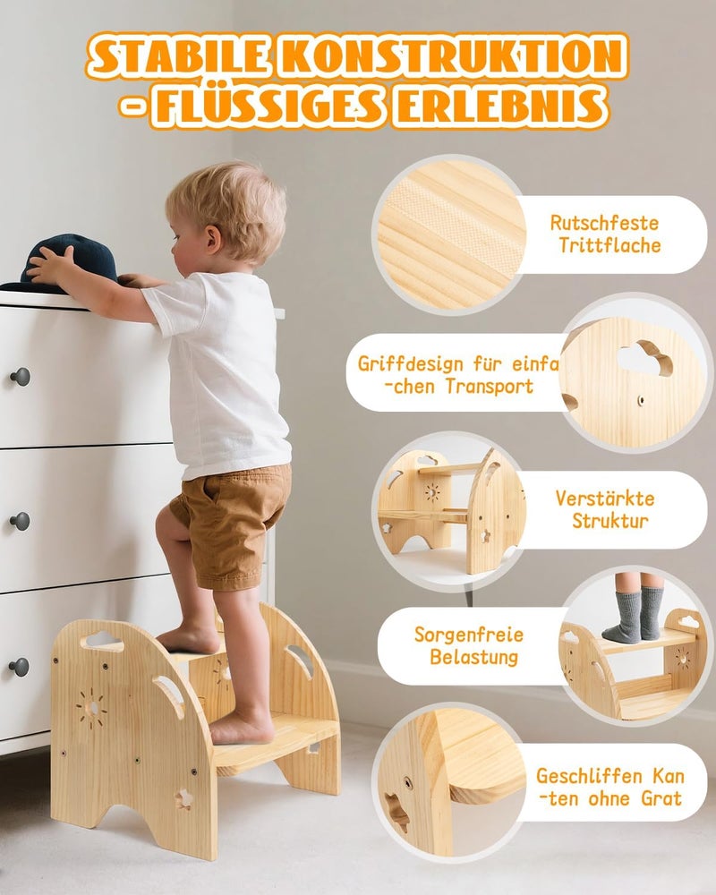 AtMini Children's Wooden Step Stool 2 Steps - Non-Slip Children's Stool with Handle - 200 kg Load Capacity for Kitchen & Bathroom from 3 Years - Image 3
