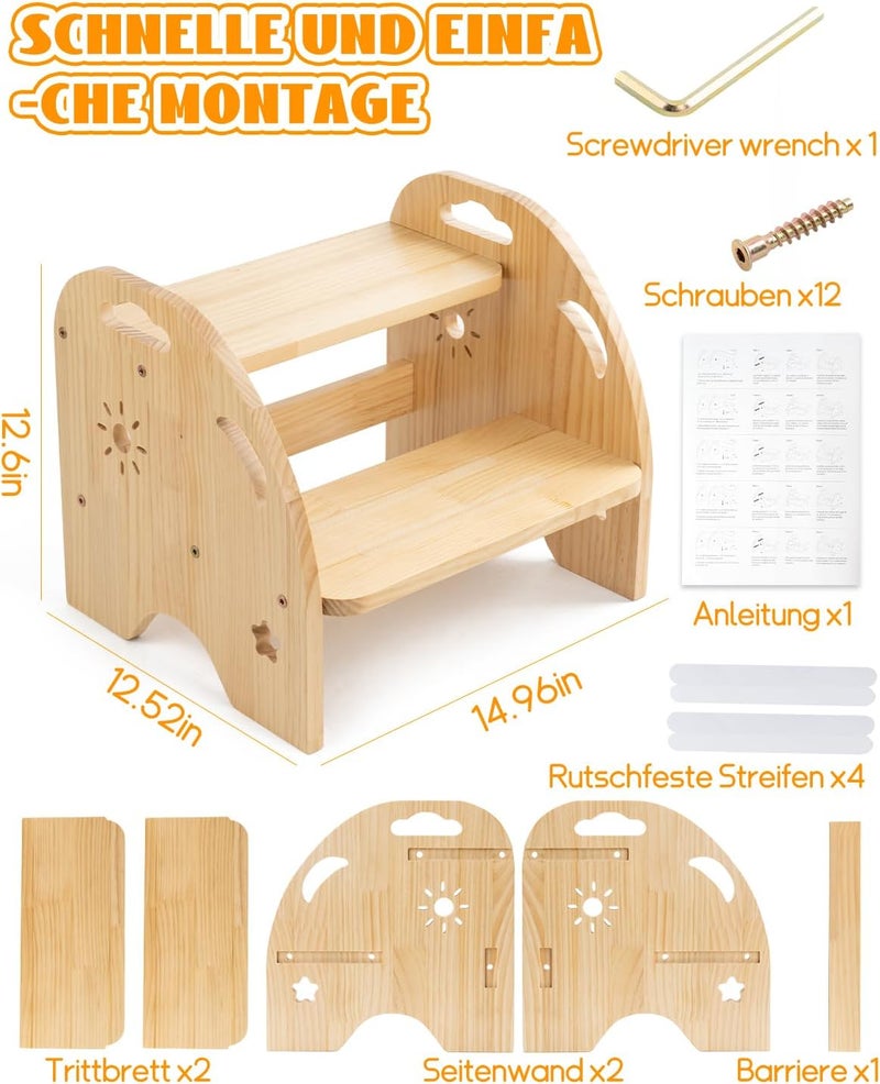 AtMini Children's Wooden Step Stool 2 Steps - Non-Slip Children's Stool with Handle - 200 kg Load Capacity for Kitchen & Bathroom from 3 Years - Image 2