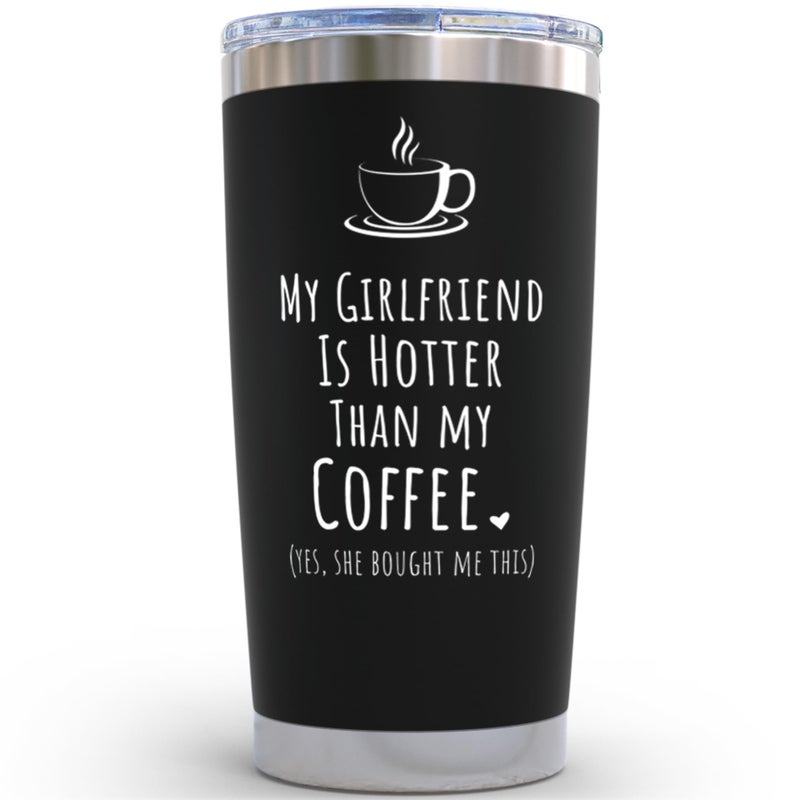 KLUBI Gifts For Him Boyfriend My Girlfriend Is Hotter Than My Coffee Mug 20oz Cute Birthday Gifts for Boyfriend Coffee Mug for Men Black Tumbler with Straw