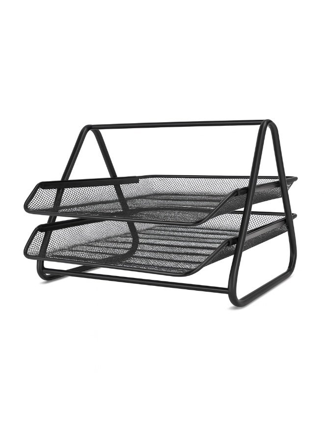 ROCO Mesh Letter Tray 2 Tier A4 Paper Organizer Black | Metal Desk File Holder | Document Shelf | Office Paper Rack | Desktop Document Organizer - Image 1