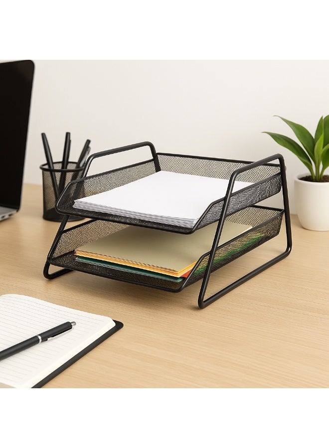 ROCO Mesh Letter Tray 2 Tier A4 Paper Organizer Black | Metal Desk File Holder | Document Shelf | Office Paper Rack | Desktop Document Organizer - Image 5