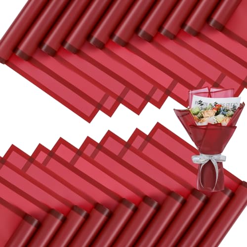 FUHITIM 20 Sheets Flower Wrapping Paper - Waterproof Floral Bouquet Packaging Paper for DIY Crafts，Florist Supplies Packaging Paper for Wedding Birthday Gift (Translucent Wine Red) - Image 1