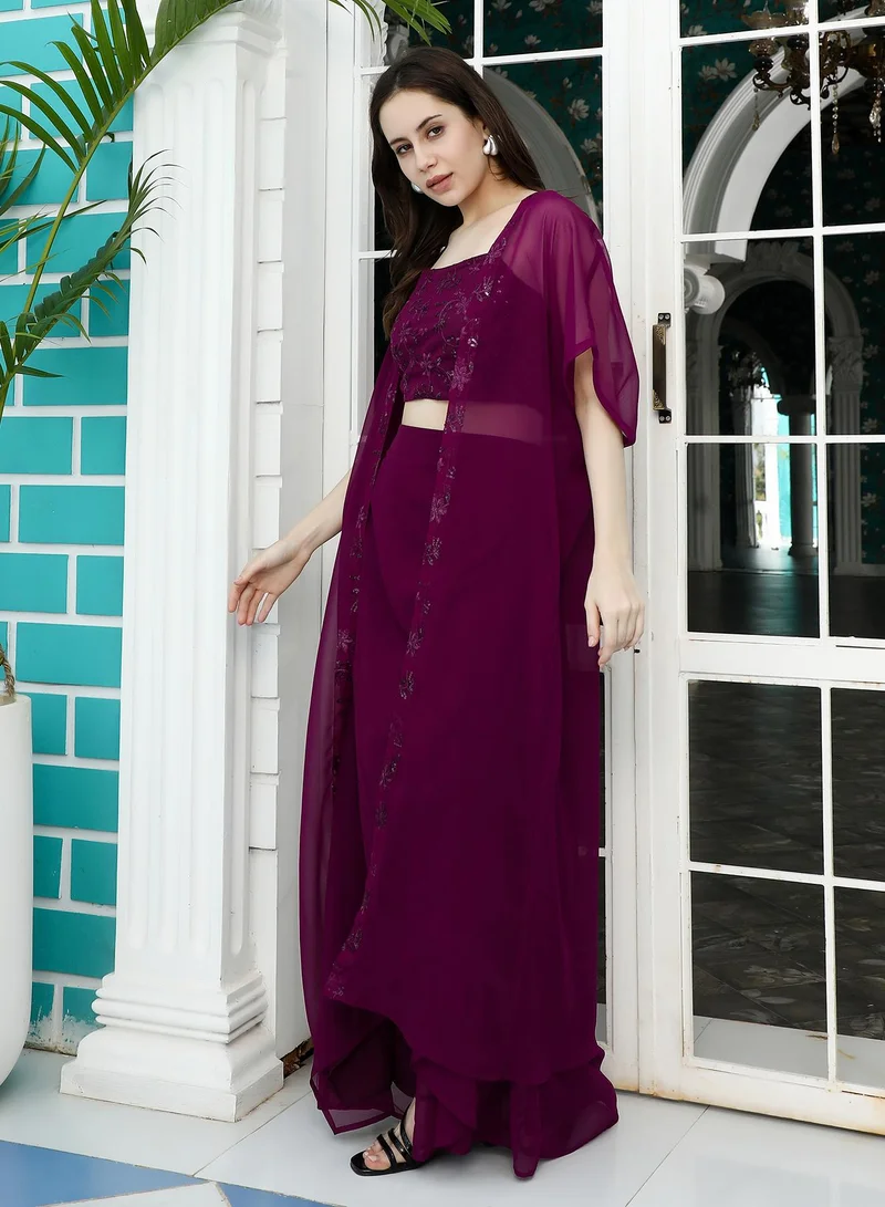  قصة Qissa Women's Grape Purple Floral-Embroidery Draped Co-Ord Set For Ethnic Wear | Open-Front Neck , Asymmetrical Hem | Floral Embroidered Fabric | 3 Piece Co-Ords Designed For Evening & Party Wear