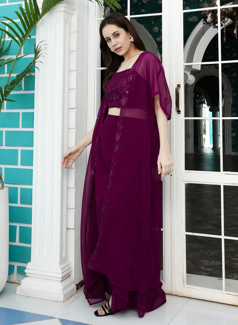 Qissa Women's Grape Purple Floral-Embroidery Draped Co-Ord Set For Ethnic Wear | Open-Front Neck , Asymmetrical Hem | Floral Embroidered Fabric | 3 Piece Co-Ords Designed For Evening & Party Wear - Image 2
