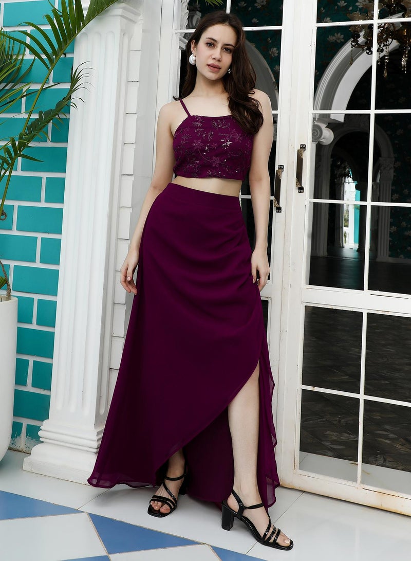 Qissa Women's Grape Purple Floral-Embroidery Draped Co-Ord Set For Ethnic Wear | Open-Front Neck , Asymmetrical Hem | Floral Embroidered Fabric | 3 Piece Co-Ords Designed For Evening & Party Wear - Image 5