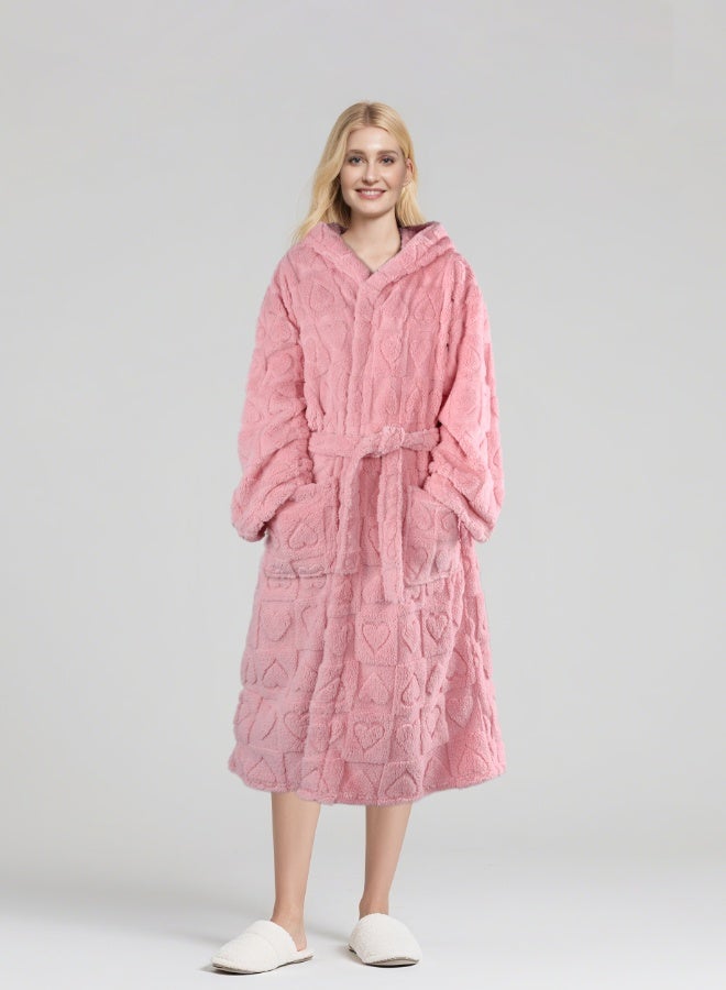 ايست من نون رداء حمام طويل بغطاء رأس من الجاكار - 260 جرامًا للمتر المربع مصنوع من البوليستر الناعم بنسبة 100% للنساء - غطاء رأس وجيب - لون وردي، مقاس كبير - Image 1