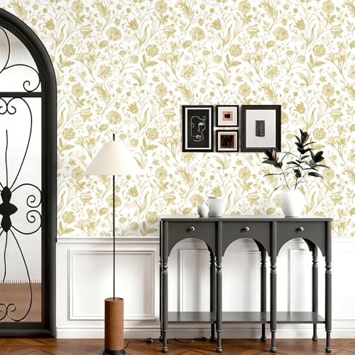 lenify Floral Peel and Stick Wallpaper White and Gold Contact Paper 16.9inch x 118.1inch Boho Wall Paper Peel and Stick Flower Self Adhesive Wallpaper Removable Gold Floral Furniture Decorative Vinyl - Image 2