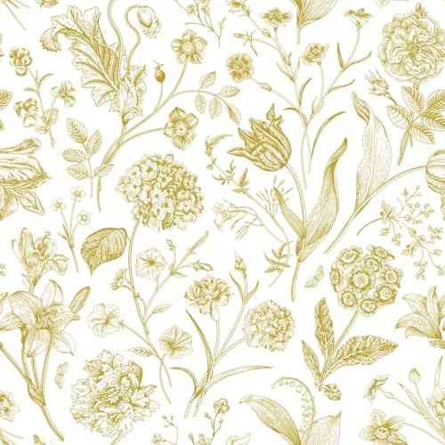 lenify Floral Peel and Stick Wallpaper White and Gold Contact Paper 16.9inch x 118.1inch Boho Wall Paper Peel and Stick Flower Self Adhesive Wallpaper Removable Gold Floral Furniture Decorative Vinyl - Image 1