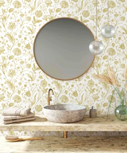 lenify Floral Peel and Stick Wallpaper White and Gold Contact Paper 16.9inch x 118.1inch Boho Wall Paper Peel and Stick Flower Self Adhesive Wallpaper Removable Gold Floral Furniture Decorative Vinyl - Image 4